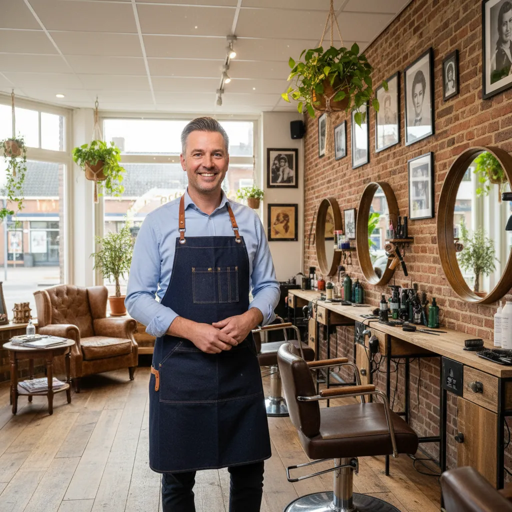 Hans Plas in zijn kapsalon in Woerden